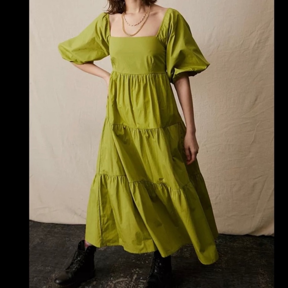 Faithful the Brand green midi dress with puff sleeves